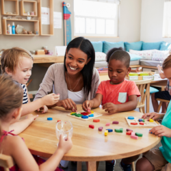 Teacher kneeling at table with group of toddlers with blocks