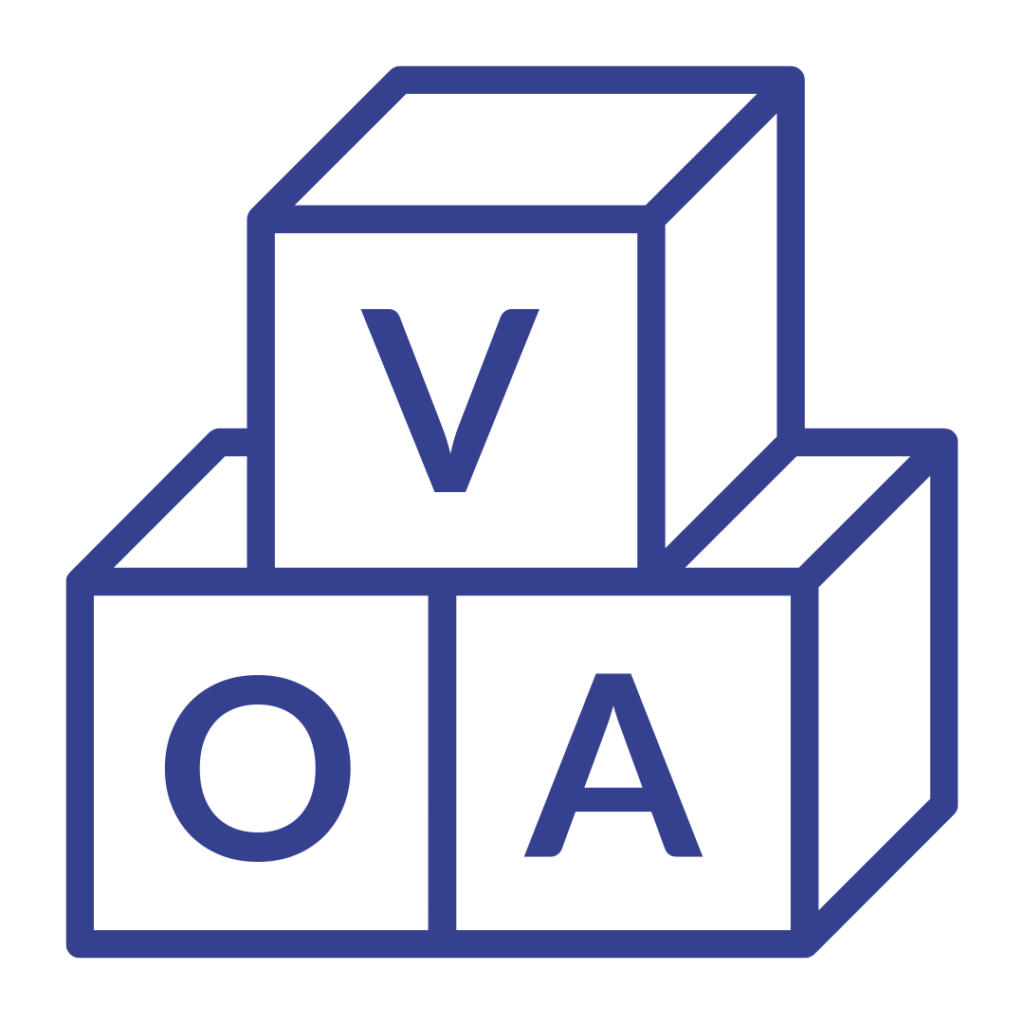 Outline icon in navy of a stack of three letter blocks with V, O, and A.