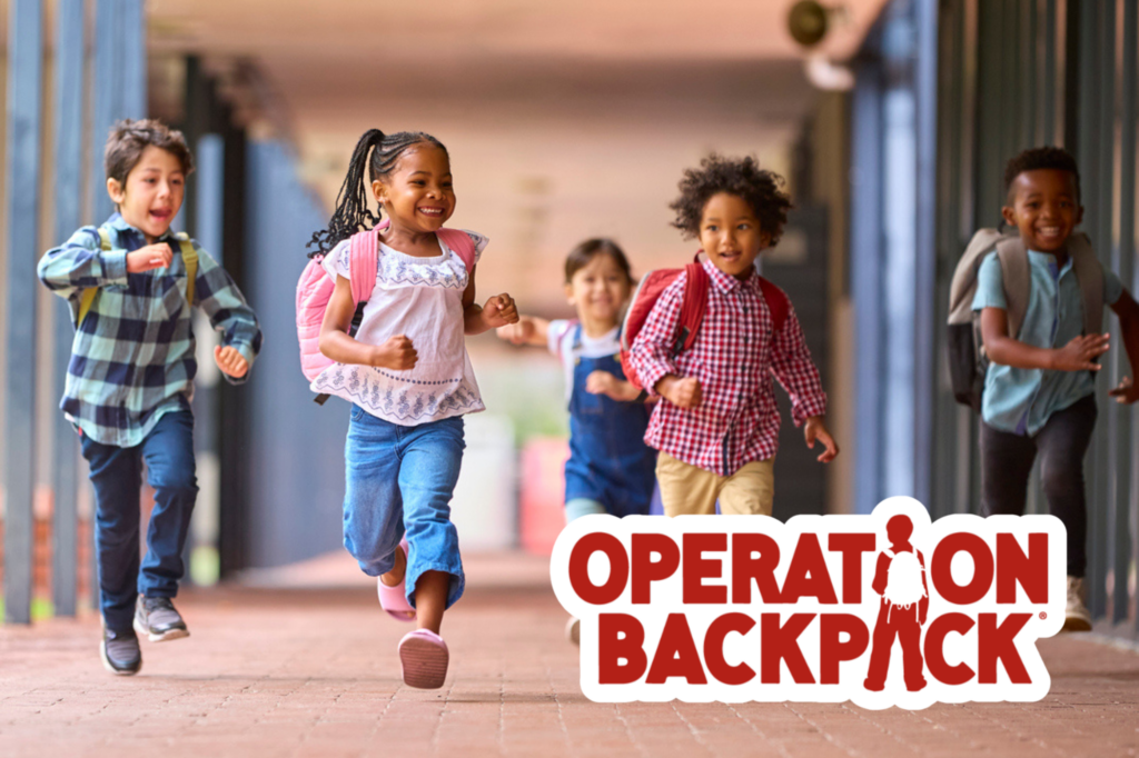Photo: Kids running down a school hallways. Text: Operation Backpack