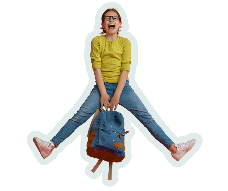 Girl holding backpack jumping in the air