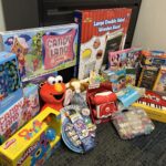 Piles of donated toys
