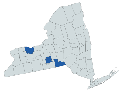Map of New York state with Monroe, Broome, and Tompkins counties highlighted as service areas of VOA.